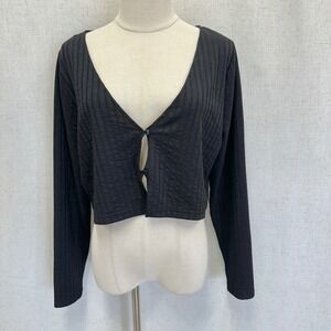 HM Divided Womens XL‎ Black Ribbed Cropped Cardigan Long Sleeve 2 Button Front